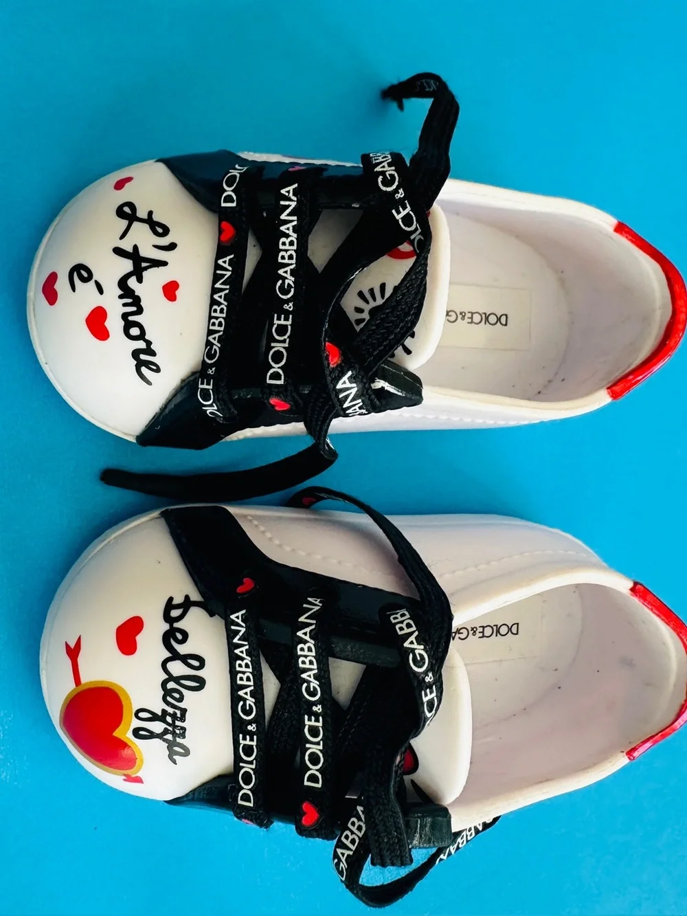 Dolce & Gabbana Doll White Sneakers with Black Laces and Red Heart Accents
